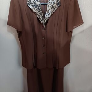 Brown Two-Piece Dress Set with Leopard Print Collar Size 14 By Danny&Nicole